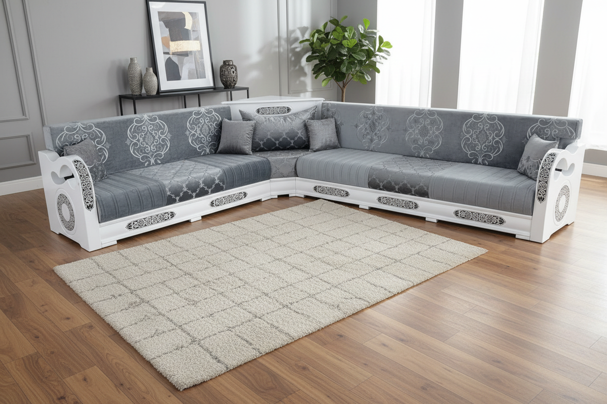 Marokkanische Sedari Modern – Weiss Holz mit schwarz muster& Grau Stoff | Maßanfertigung Luxus Sofa - Sadeqy Home