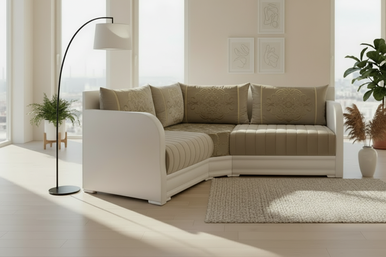 Moderne marokkanische Sedari in simple Weiss-Holz mit Beige stoffe