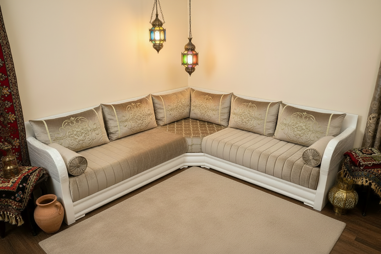 Moderne marokkanische Sedari in simple Weiss-Holz mit Beige stoffe