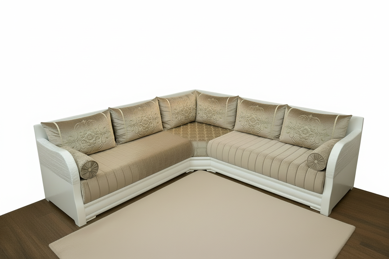 Moderne marokkanische Sedari in simple Weiss-Holz mit Beige stoffe - Sadeqy Home