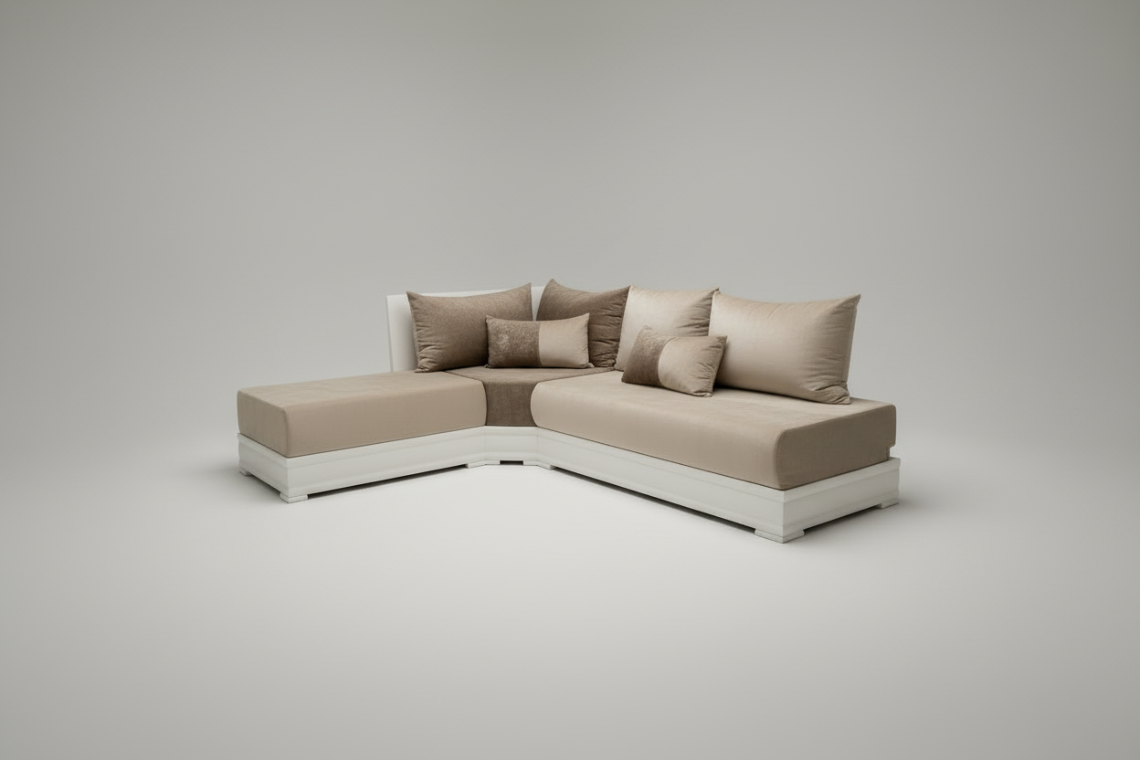 Moderne marokkanische sofa Sedari in simple Weiss-Holz mit Beige stoffe - Sadeqy Home