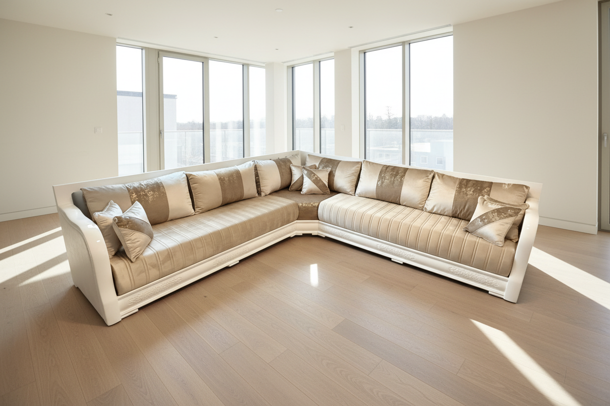 Marokkanische Sedari mit weißem Holzgestell & beigem Stoff - Sadeqy Home