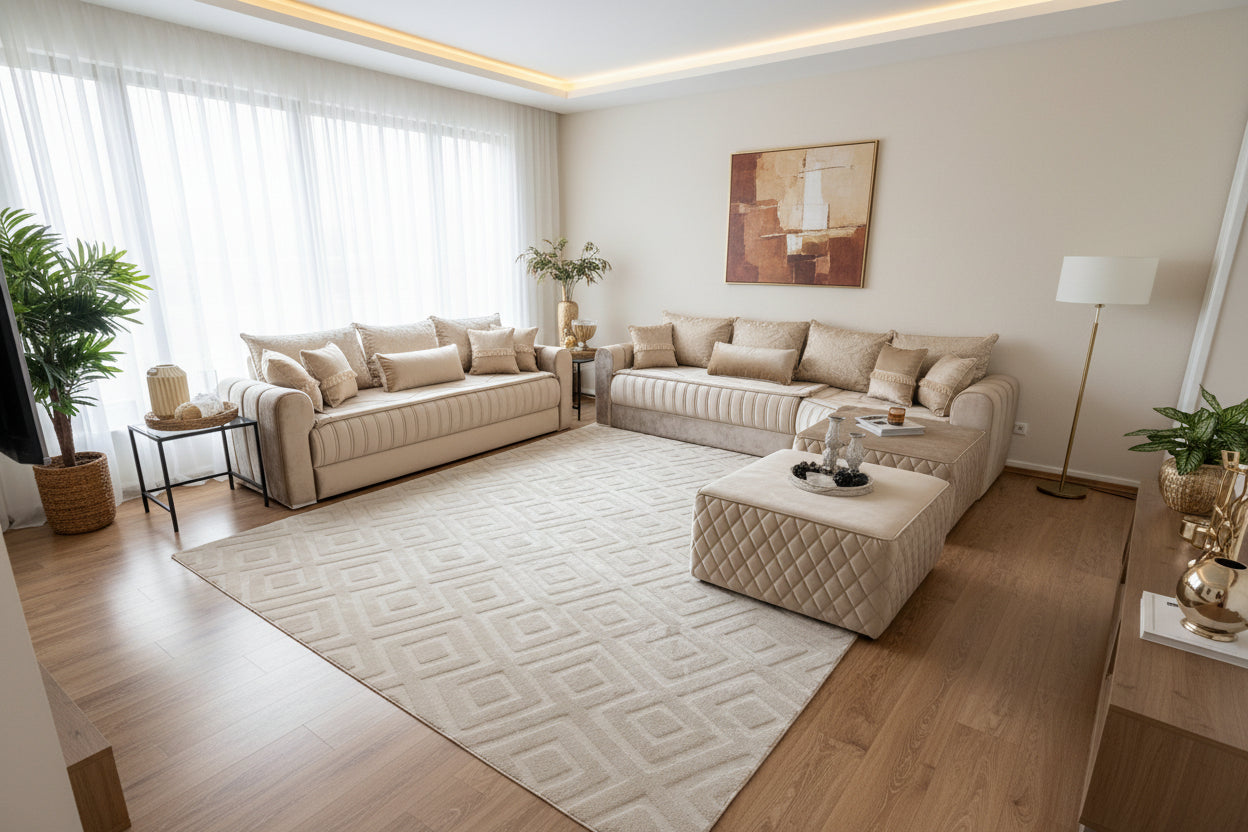 Marokkanische Sedari Modern –holz gepolstert& Beige Stoff | Maßanfertigung Luxus Sofa - Sadeqy Home