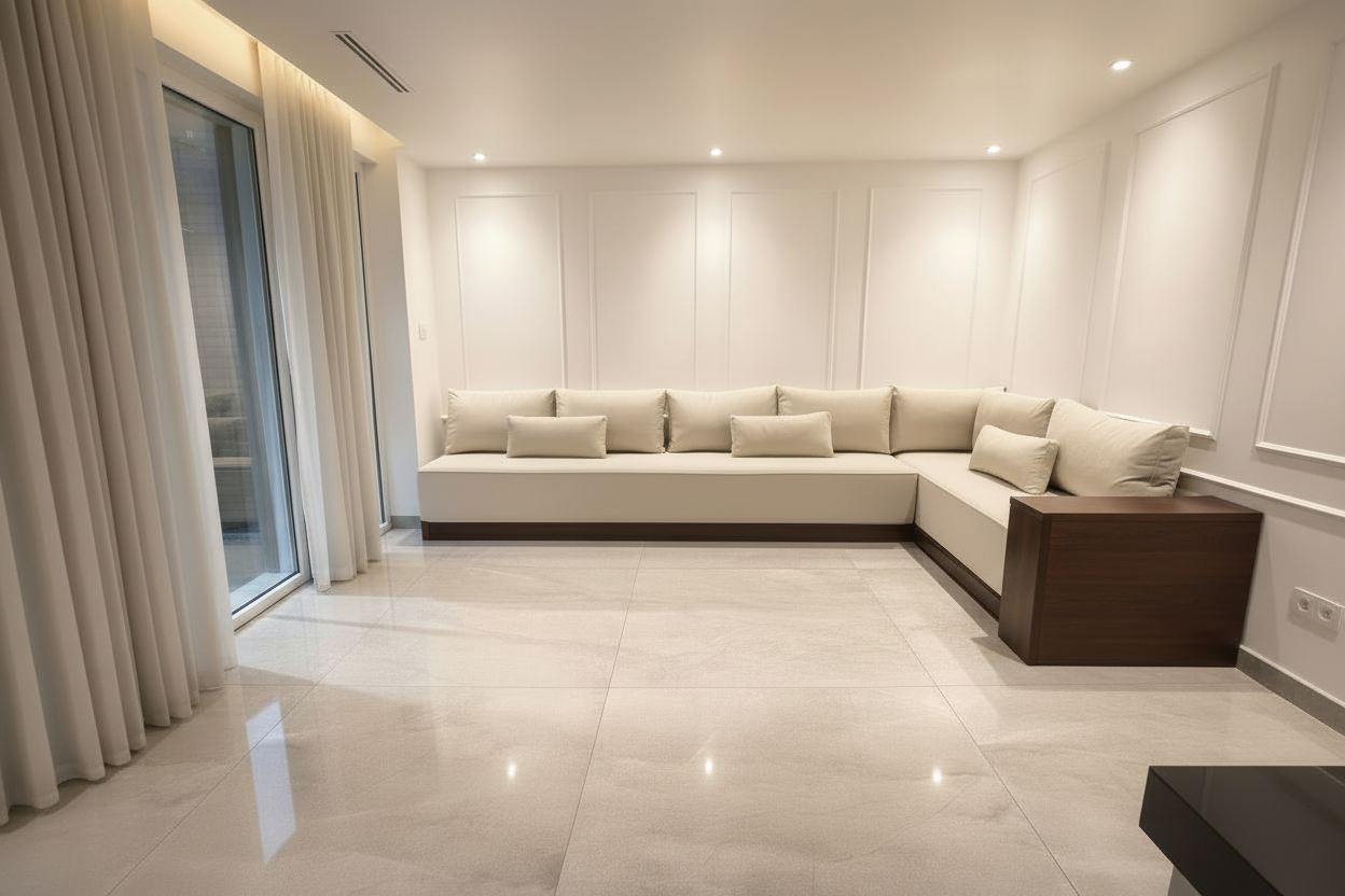 Marokkanische Sedari Modern –Braun Holz & Beige Stoff | Maßanfertigung Luxus Sofa - Sadeqy Home