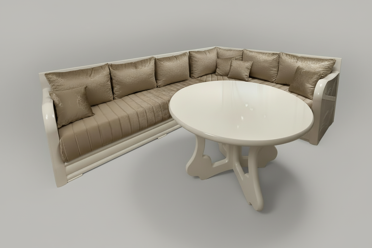 Marokkanische Sedari Modern – Weiss Holz & Beige Stoff | Maßanfertigung Luxus Sofa - Sadeqy Home