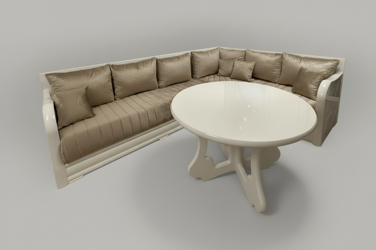 Marokkanische Sedari Modern – Weiss Holz & Beige Stoff | Maßanfertigung Luxus Sofa - Sadeqy Home