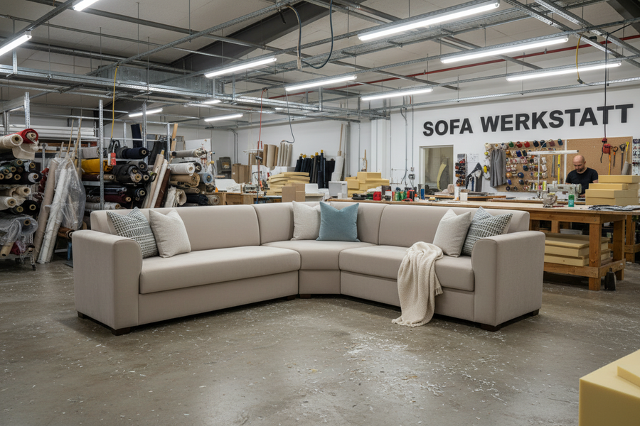 Helles Ecksofa nach Maß in einer Sofa-Werkstatt