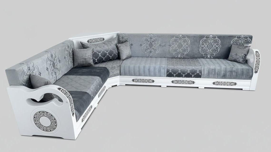 Marokkanische Sedari Modern – Weiss Holz mit schwarz muster& Grau Stoff | Maßanfertigung Luxus Sofa - Sadeqy Home