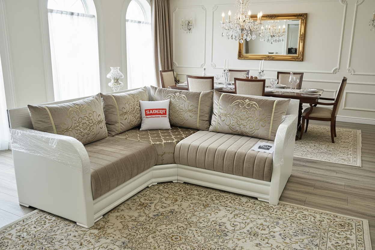 Moderne marokkanische Sedari in simple Weiss-Holz mit Beige stoffe - Sadeqy Home