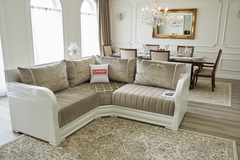 Moderne marokkanische Sedari in simple Weiss-Holz mit Beige stoffe - Sadeqy Home