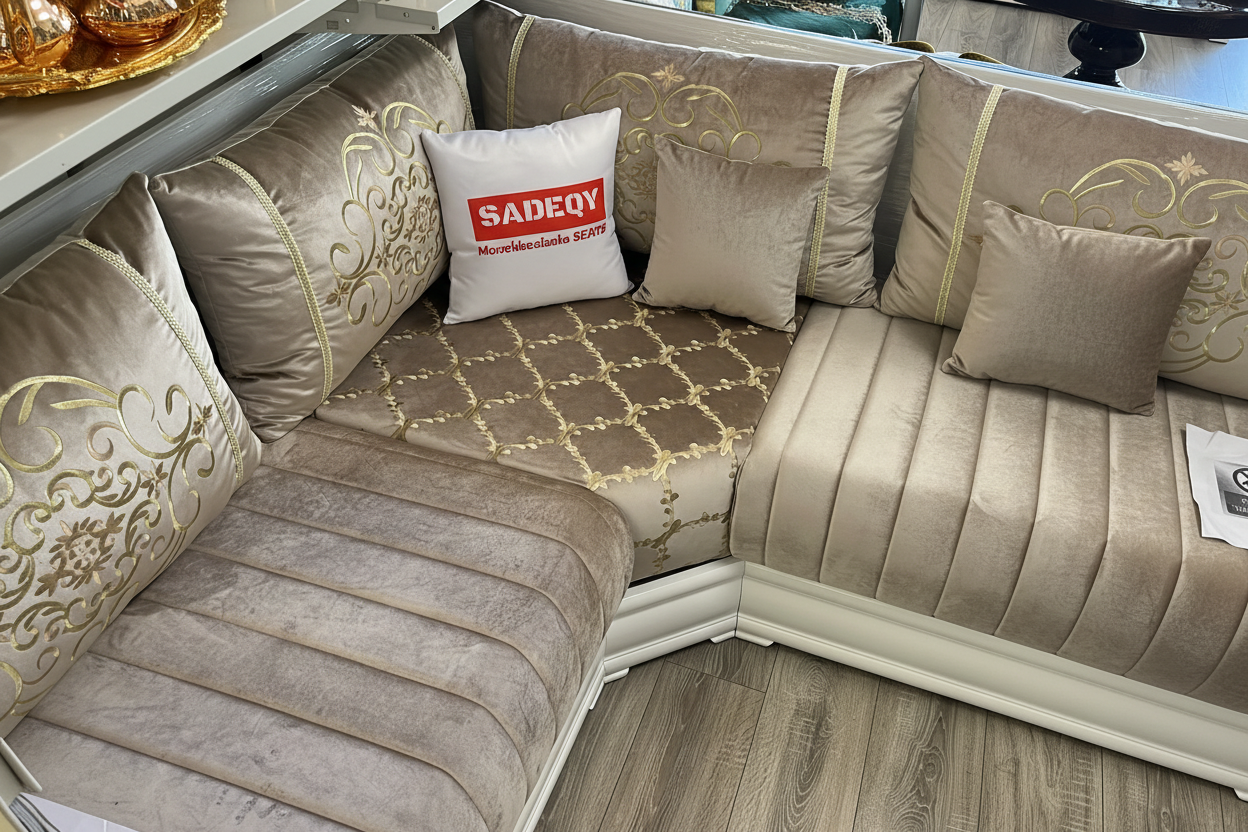 Moderne marokkanische Sedari in simple Weiss-Holz mit Beige stoffe - Sadeqy Home