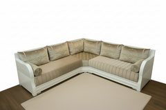 Moderne marokkanische Sedari in simple Weiss-Holz mit Beige stoffe - Sadeqy Home