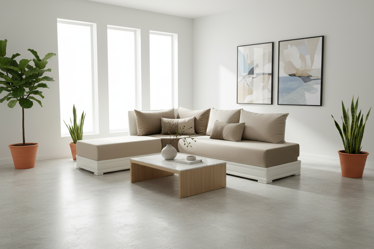 Moderne marokkanische sofa Sedari in simple Weiss-Holz mit Beige stoffe - Sadeqy Home