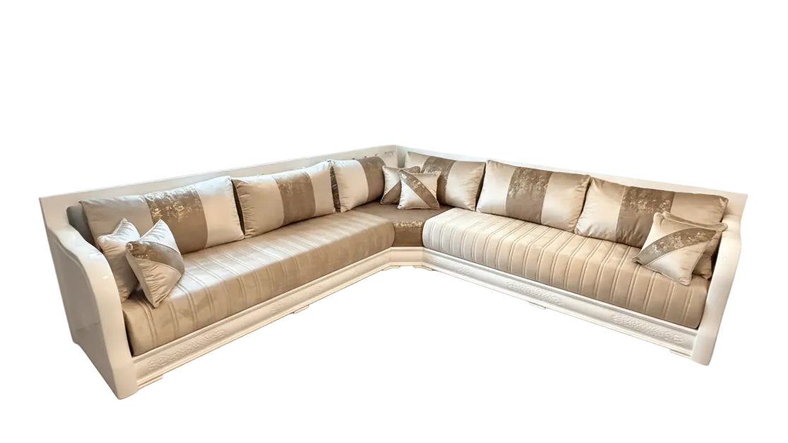 Marokkanische Sedari mit weißem Holzgestell &amp; beigem Stoff - Sadeqy Home