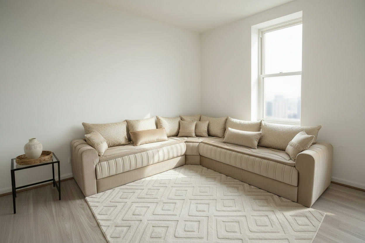 Marokkanische Sedari Modern –holz gepolstert& Beige Stoff | Maßanfertigung Luxus Sofa - Sadeqy Home