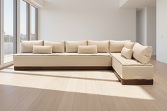 Marokkanische Sedari Modern –Braun Holz & Beige Stoff | Maßanfertigung Luxus Sofa - Sadeqy Home