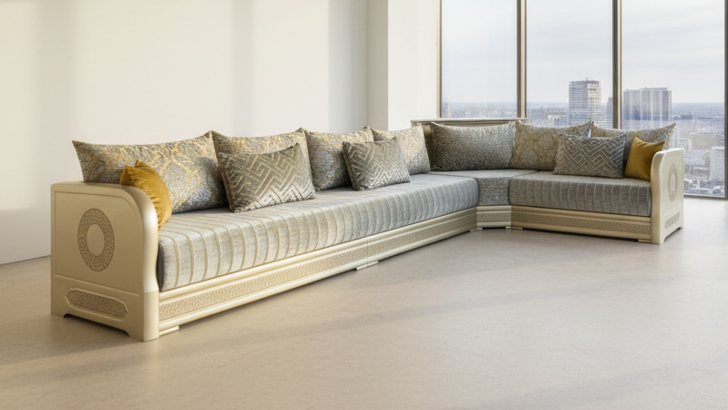 Luxus Sedari mit champagnerfarbenem Holzgestell &amp; edlem Stoff - Sadeqy Home