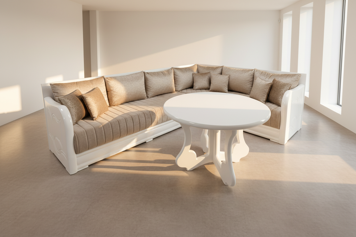 Marokkanische Sedari Modern – Weiss Holz & Beige Stoff | Maßanfertigung Luxus Sofa - Sadeqy Home