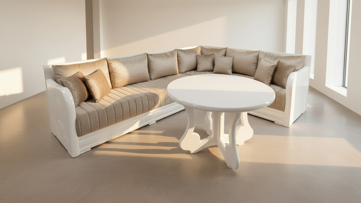 Marokkanische Sedari Modern – Weiss Holz & Beige Stoff | Maßanfertigung Luxus Sofa - Sadeqy Home