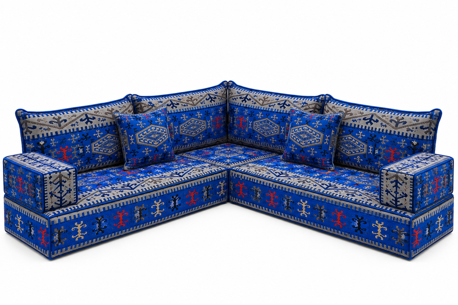 Blauer Amazigh Bodensitz in L-Form mit traditionellen marokkanischen Mustern